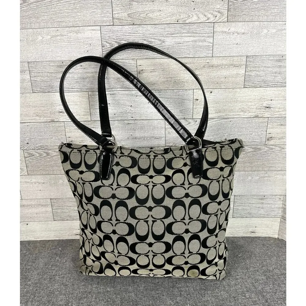 COACH TOTE SIGNATURE Parker F28504 Black Beige C Logo Canvas Shoulder Bag